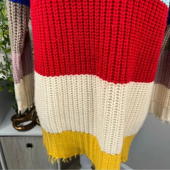 Dress Up Colorful Striped Tunic Sweater V Neck Frayed Trim Size S - Picture 4 of 11